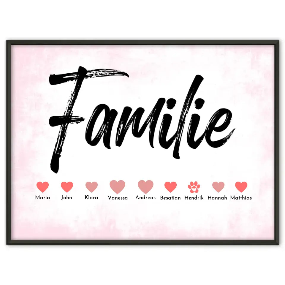Personalisiertes Poster Familie mit Namen Eltern Kinder & Tieren Bis zu 20 Namen