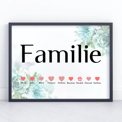 Personalisiertes Familienposter Blaue Blüten Eltern Kinder & Tieren