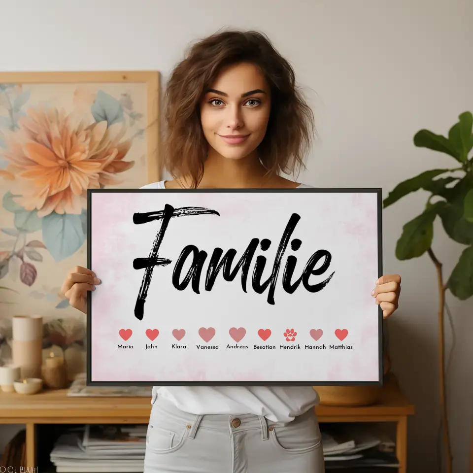 Personalisiertes Poster Familie mit Namen Eltern Kinder & Tieren Bis zu 20 Namen