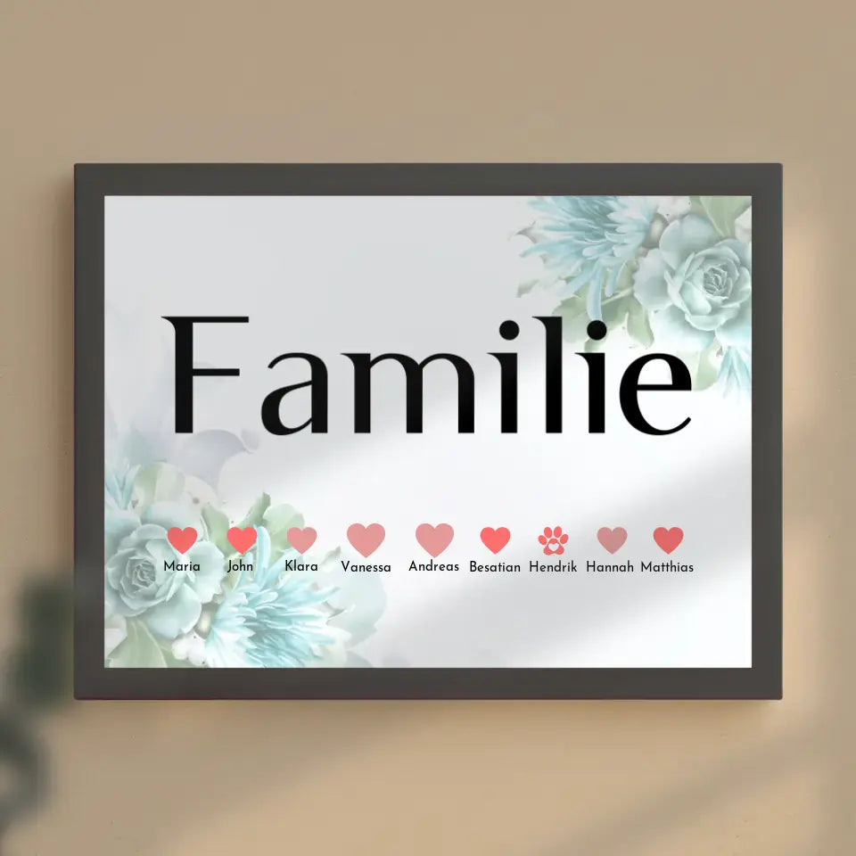 Personalisiertes Familienposter Blaue Blüten Eltern Kinder & Tieren