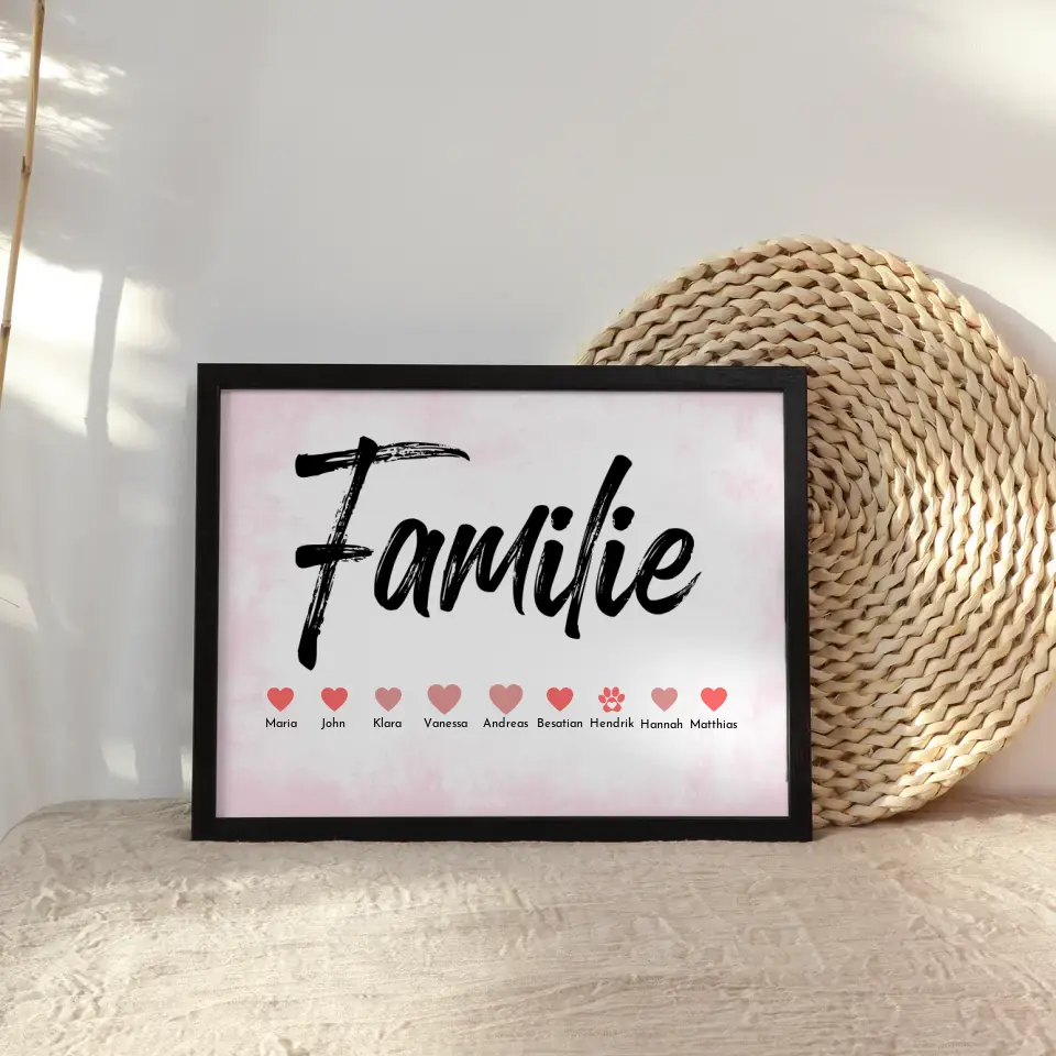 Personalisiertes Poster Familie mit Namen Eltern Kinder & Tieren Bis zu 20 Namen
