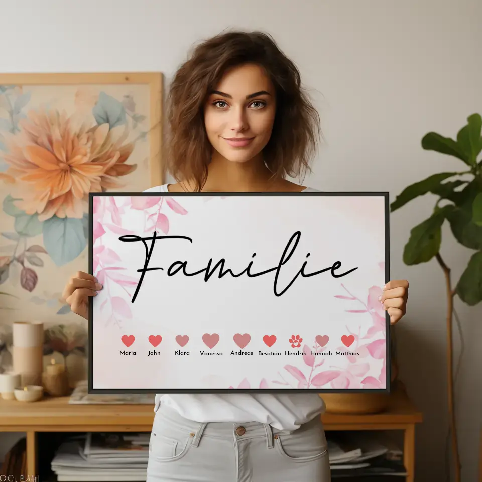 Poster Familie Eltern Kinder Katze Hund Pferd Bis zu 20 Namen