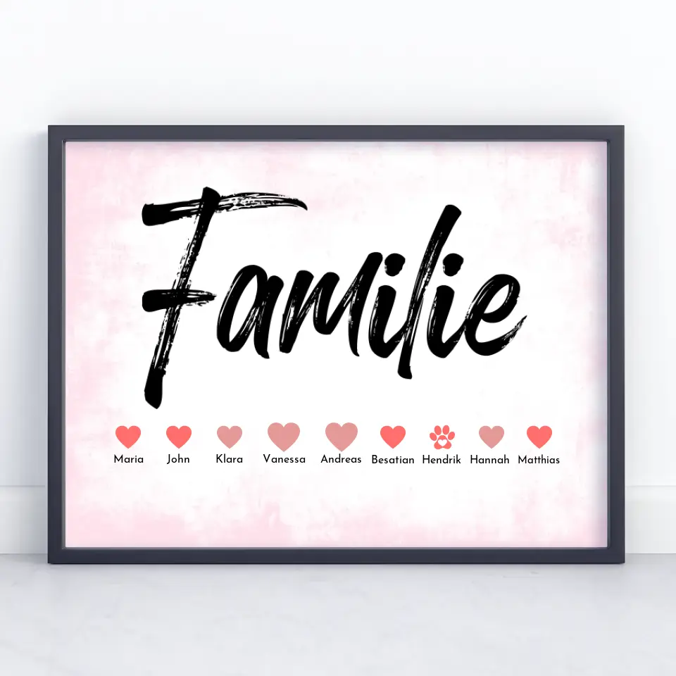 Personalisiertes Poster Familie mit Namen Eltern Kinder & Tieren Bis zu 20 Namen