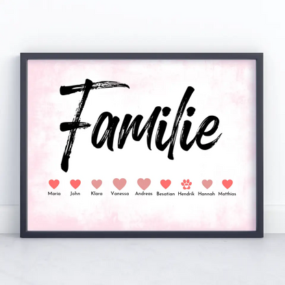 Personalisiertes Poster Familie mit Namen Eltern Kinder & Tieren Bis zu 20 Namen