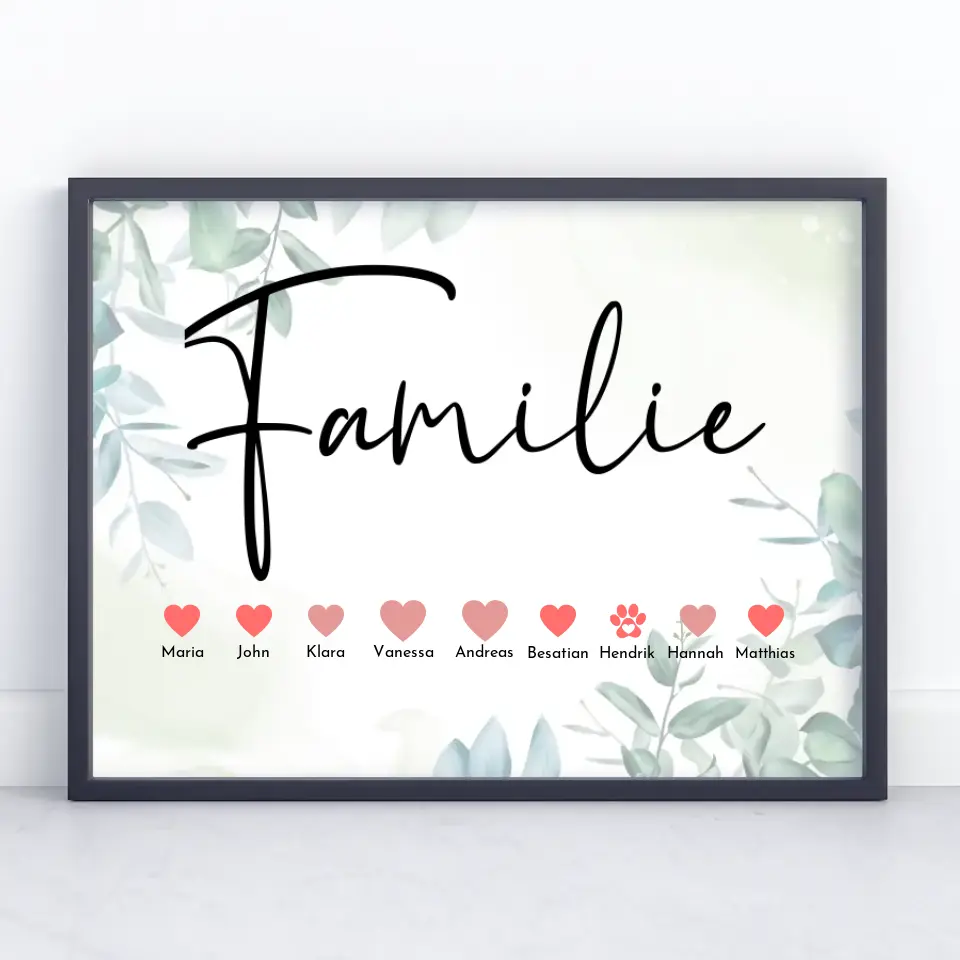 Personalisiertes Familienposter Eltern Kinder & Tiere Bis zu 20 Namen