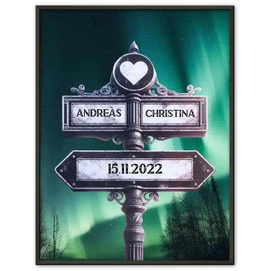 Personalisiertes Poster Liebe Wegweiser mit Herz Nordlichter für Paare 1