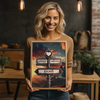 Personalisiertes Poster Wegweiser mit Herz Berg Panorama mit Namen & Datum