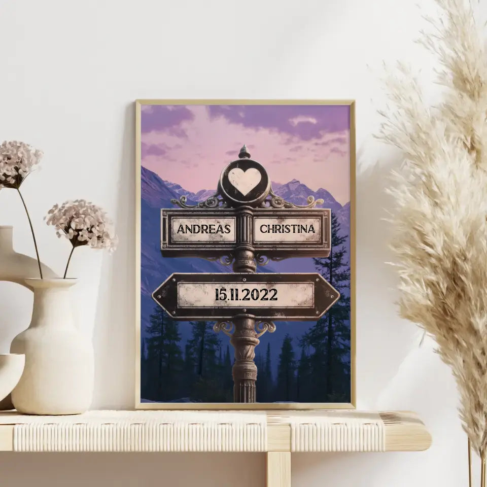 Poster personalisiert Herz Wegweiser Berge mit Namen & Datum