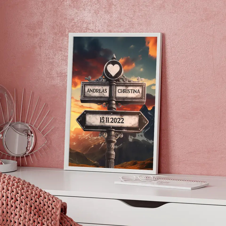 Personalisiertes Poster Wegweiser mit Herz Berg Panorama mit Namen & Datum