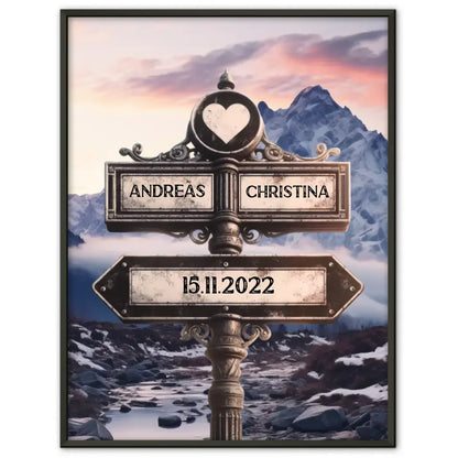 Personalisiertes Poster Paare Wegweiser Bergfluss Winter mit Namen & Datum