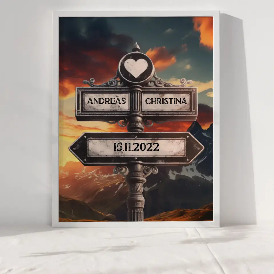 Personalisiertes Poster Wegweiser mit Herz Berg Panorama mit Namen & Datum