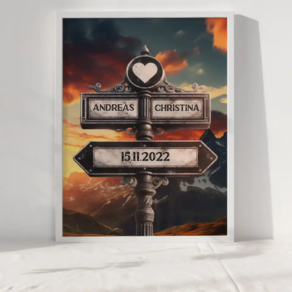 Personalisiertes Poster Wegweiser mit Herz Berg Panorama mit Namen & Datum