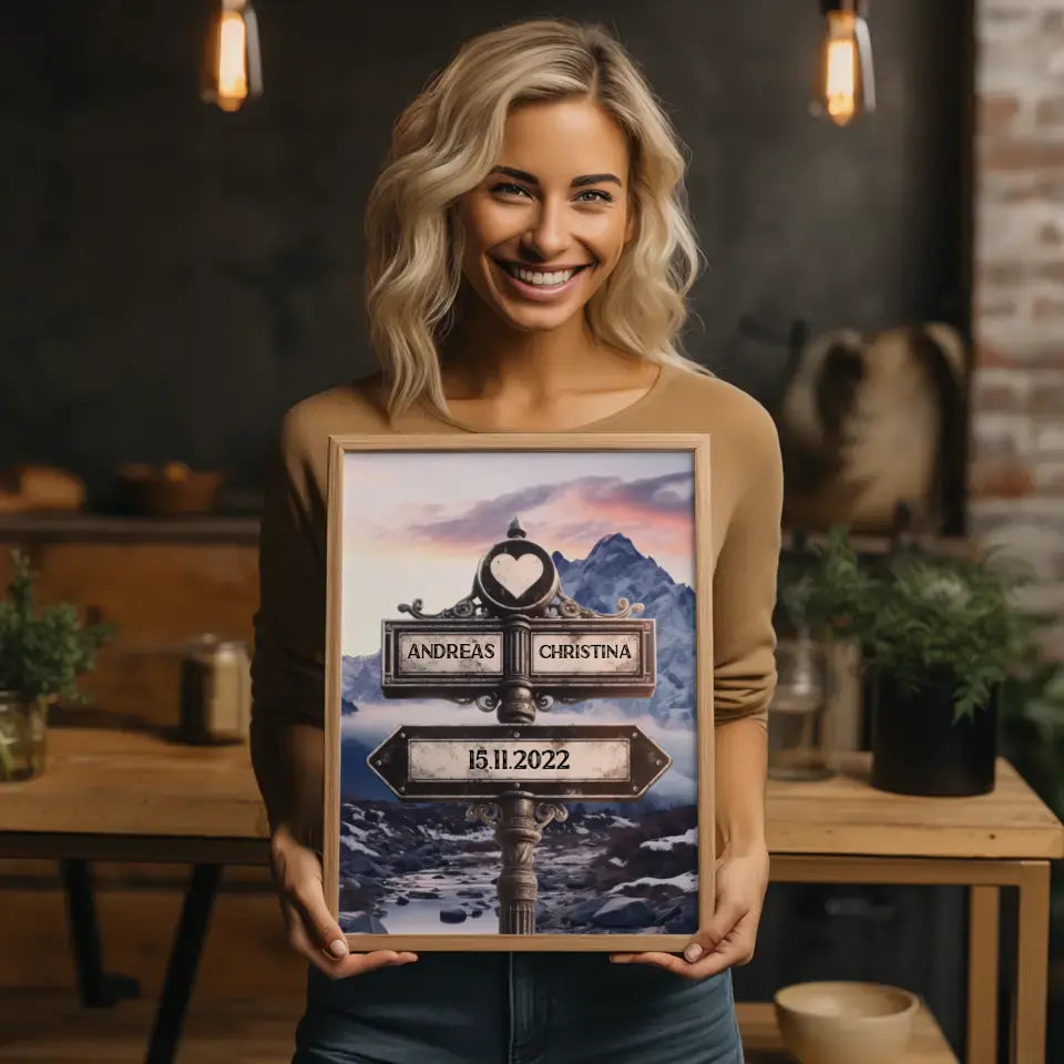 Personalisiertes Poster Paare Wegweiser Bergfluss Winter mit Namen & Datum
