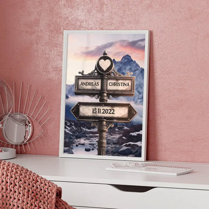Personalisiertes Poster Paare Wegweiser Bergfluss Winter mit Namen & Datum