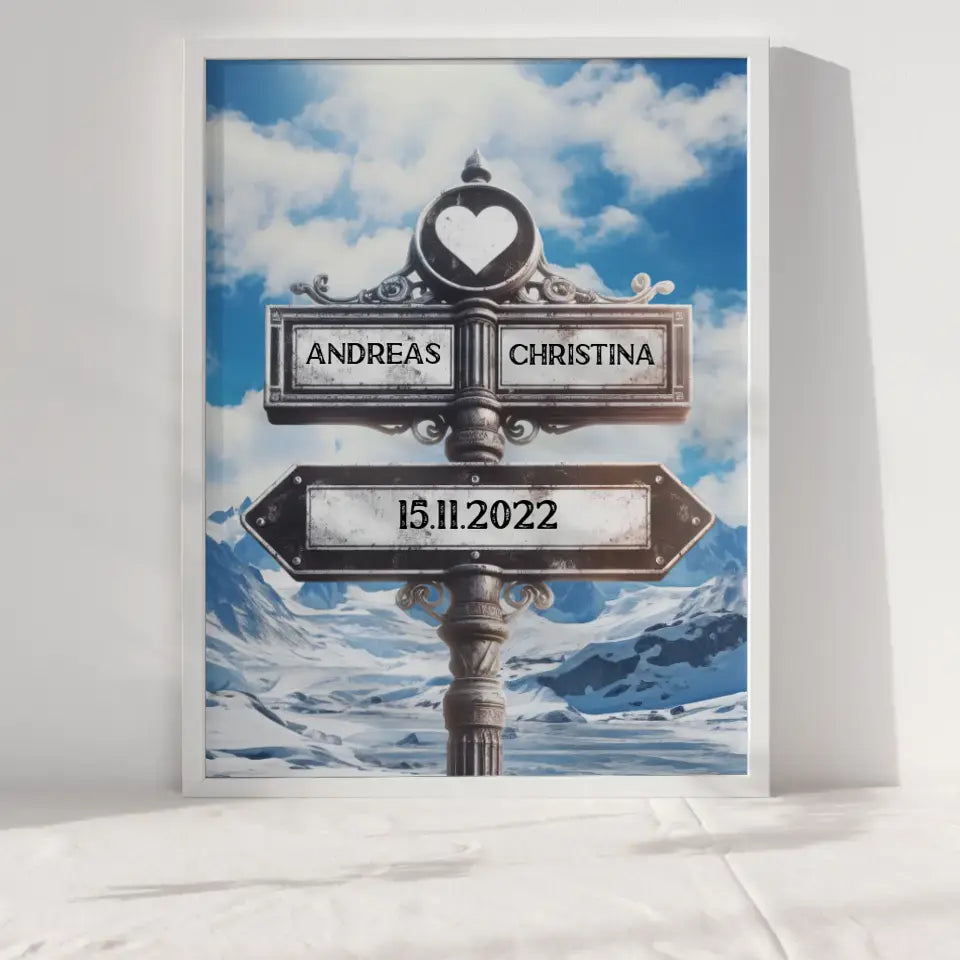 Liebes Poster Herz Wegweiser Alpen Gletscher mit Namen & Datum