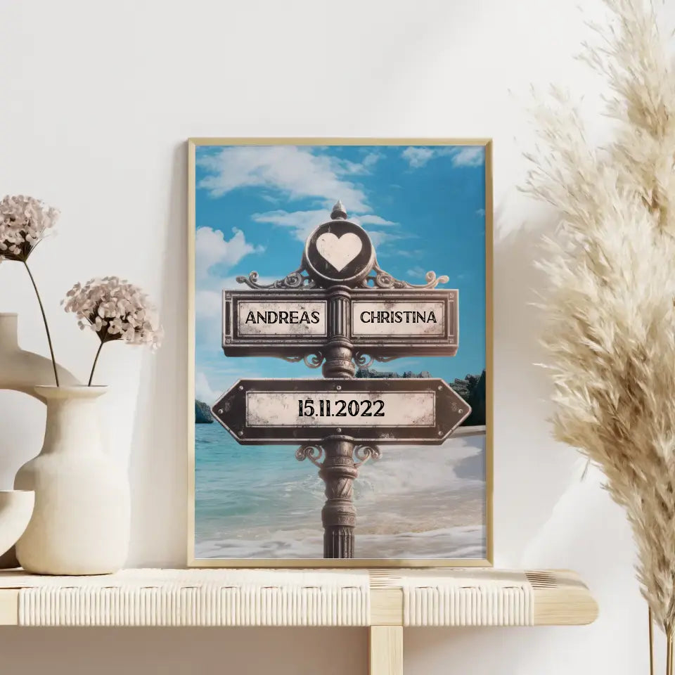 Poster personalisiert Wegweiser mit Herz Strand mit Namen & Datum