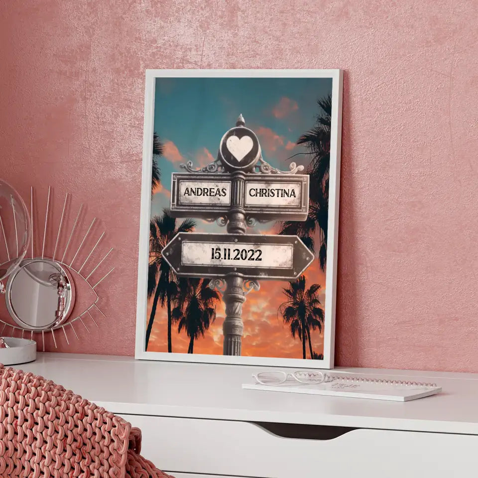 Poster personalisiert Wegweiser Palmen mit Namen & Datum