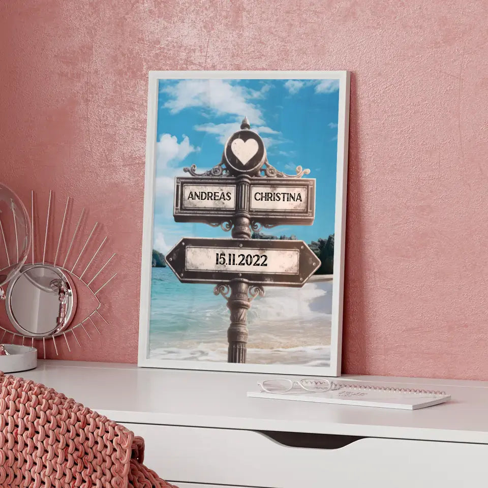 Poster personalisiert Wegweiser mit Herz Strand mit Namen & Datum