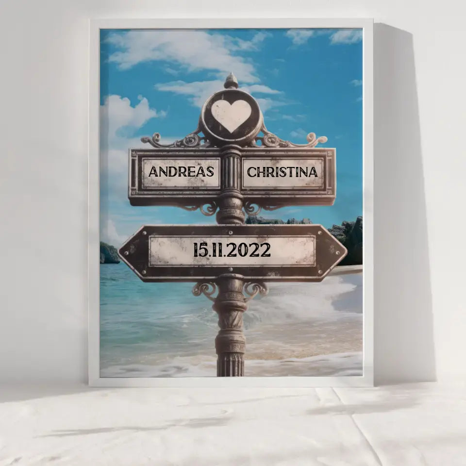 Poster personalisiert Wegweiser mit Herz Strand mit Namen & Datum