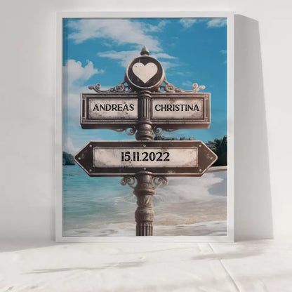 Poster personalisiert Wegweiser mit Herz Strand mit Namen & Datum