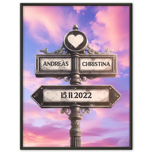 Personalisiertes Poster Paare Herz Wegweiser Lila Wolken mit Namen & Datum