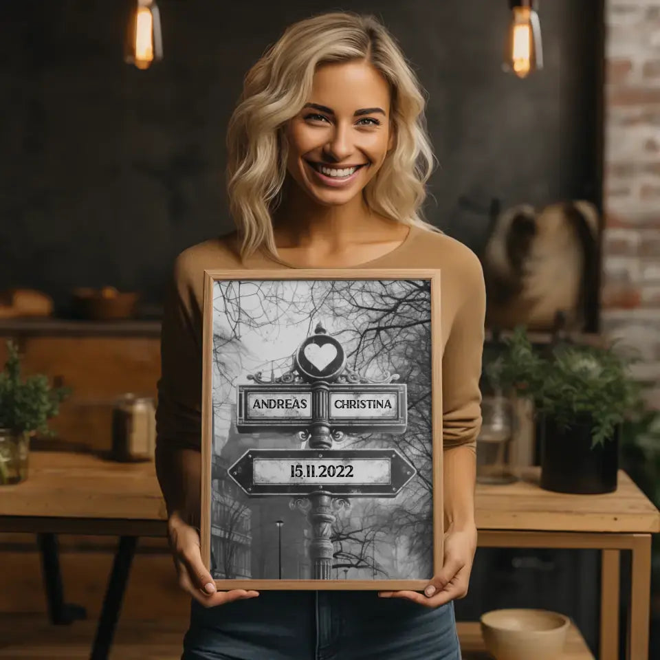 Personalisiertes Poster Wegweiser Winter Dämmerung für Paare