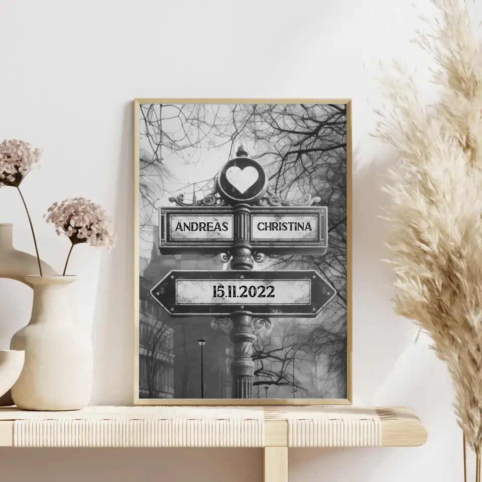 Personalisiertes Poster Wegweiser Winter Dämmerung für Paare