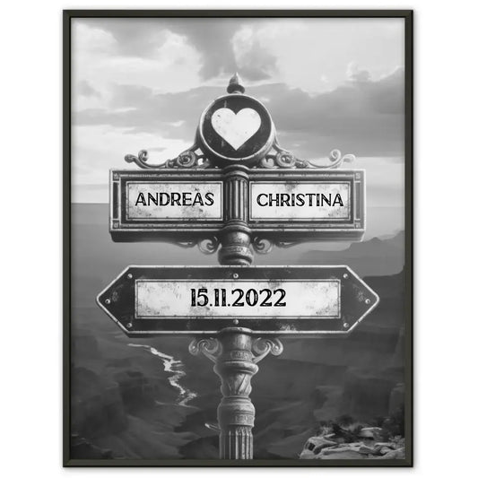 Personalisiertes Poster Paare Wegweiser Berge Schwarz Weiß für Paare