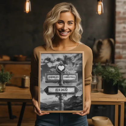 Poster personalisiert Wegweiser Berge Schwarz Weiß mit Namen & Datum
