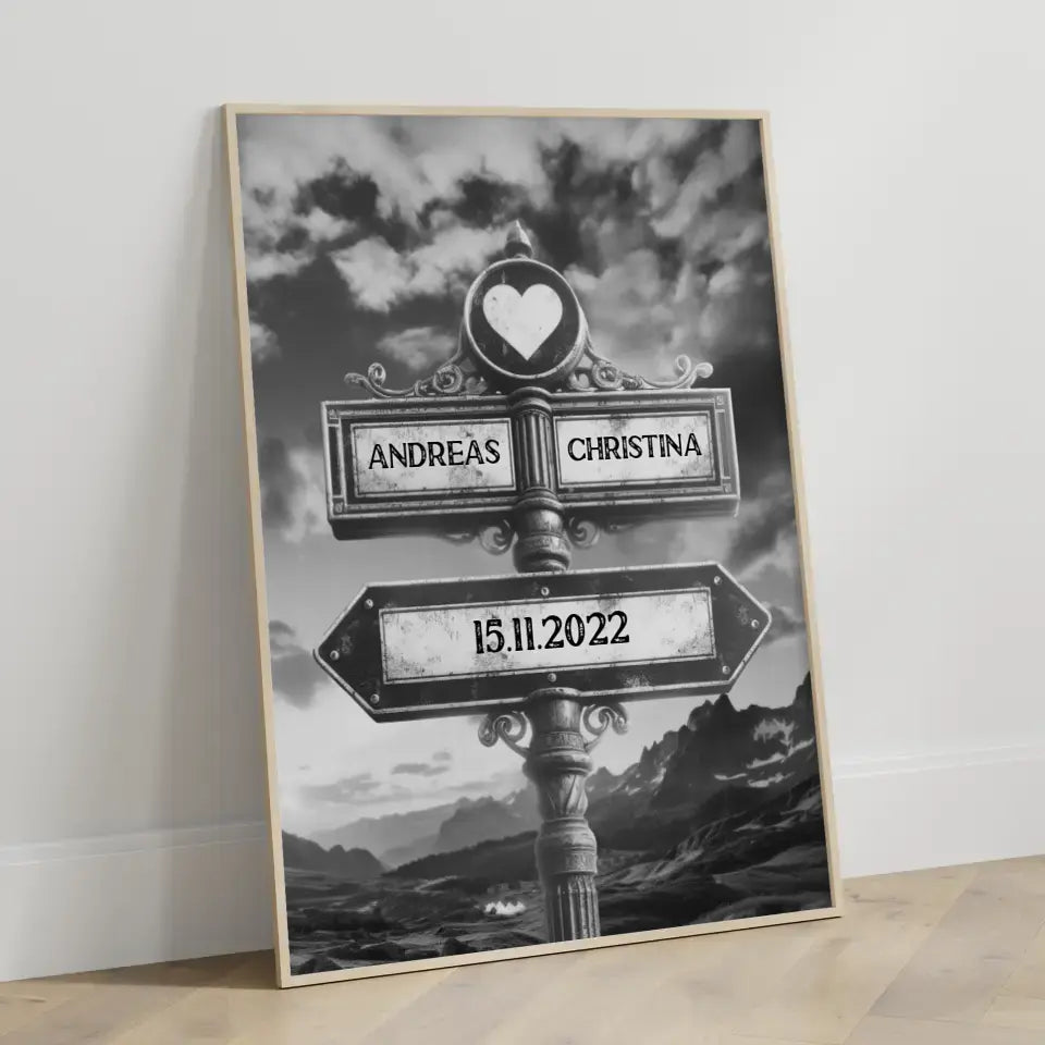 Poster personalisiert Wegweiser Berge Schwarz Weiß mit Namen & Datum