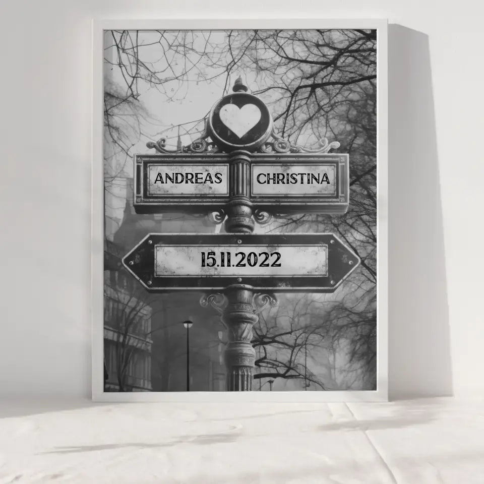 Personalisiertes Poster Wegweiser Winter Dämmerung für Paare