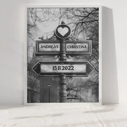 Personalisiertes Poster Wegweiser Winter Dämmerung für Paare