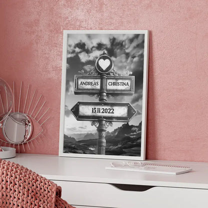Poster personalisiert Wegweiser Berge Schwarz Weiß mit Namen & Datum
