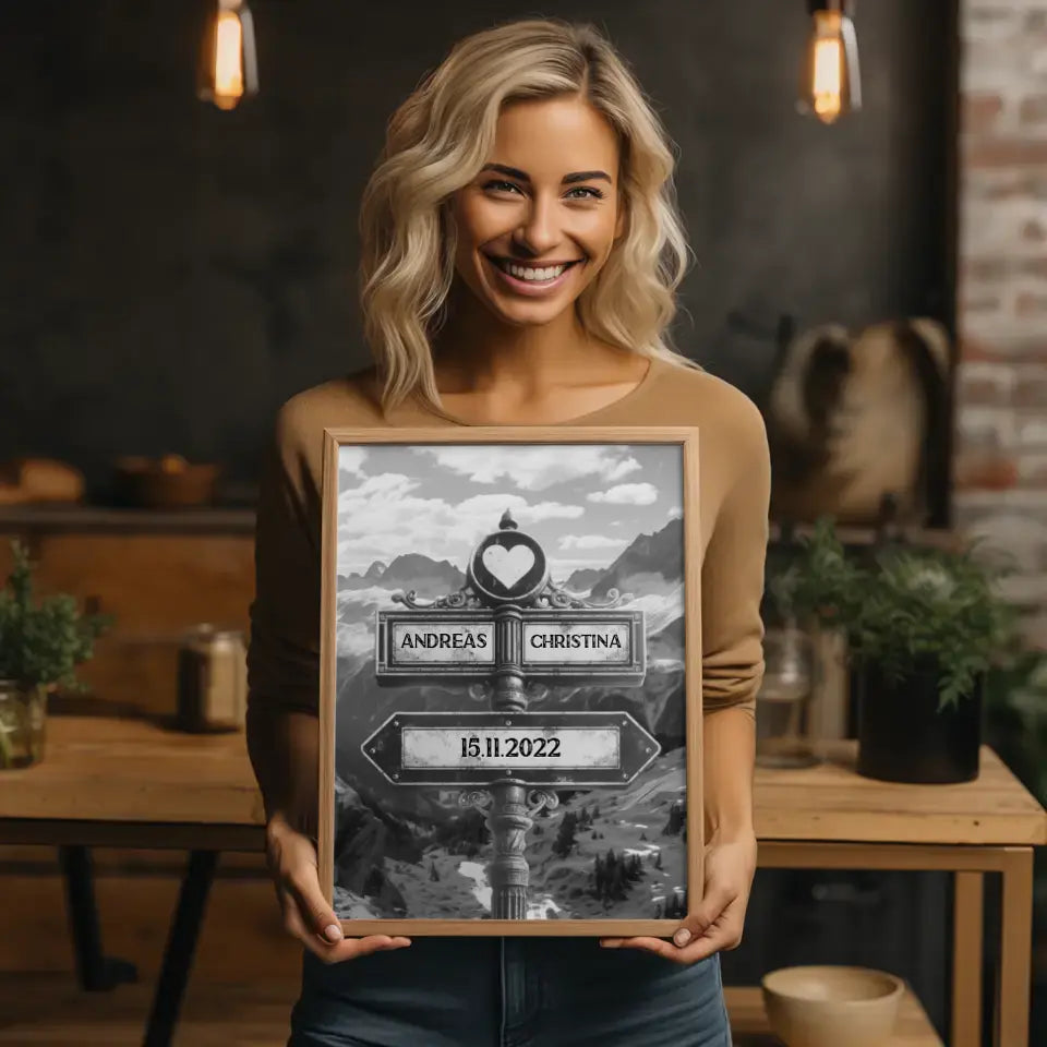 Poster personalisiert Wegweiser Berg Tal Schwarz Weiß für Paare