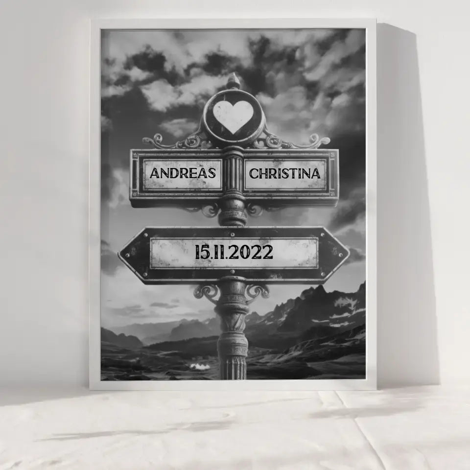 Poster personalisiert Wegweiser Berge Schwarz Weiß mit Namen & Datum