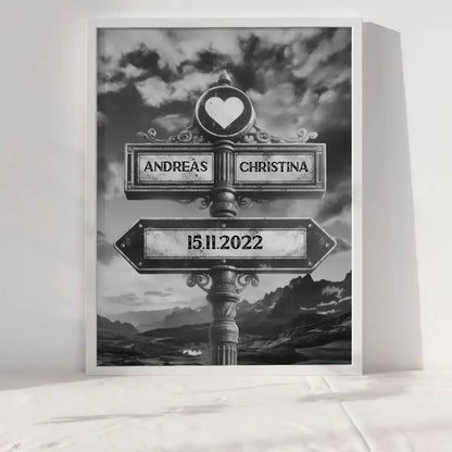 Poster personalisiert Wegweiser Berge Schwarz Weiß mit Namen & Datum