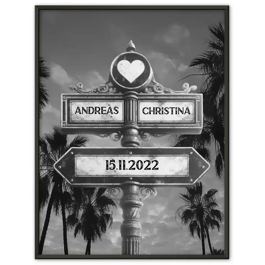 Liebes Poster Wegweiser Palm Beach Schwarz Weiß für Paare