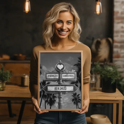 Liebes Poster Wegweiser Palm Beach Schwarz Weiß für Paare