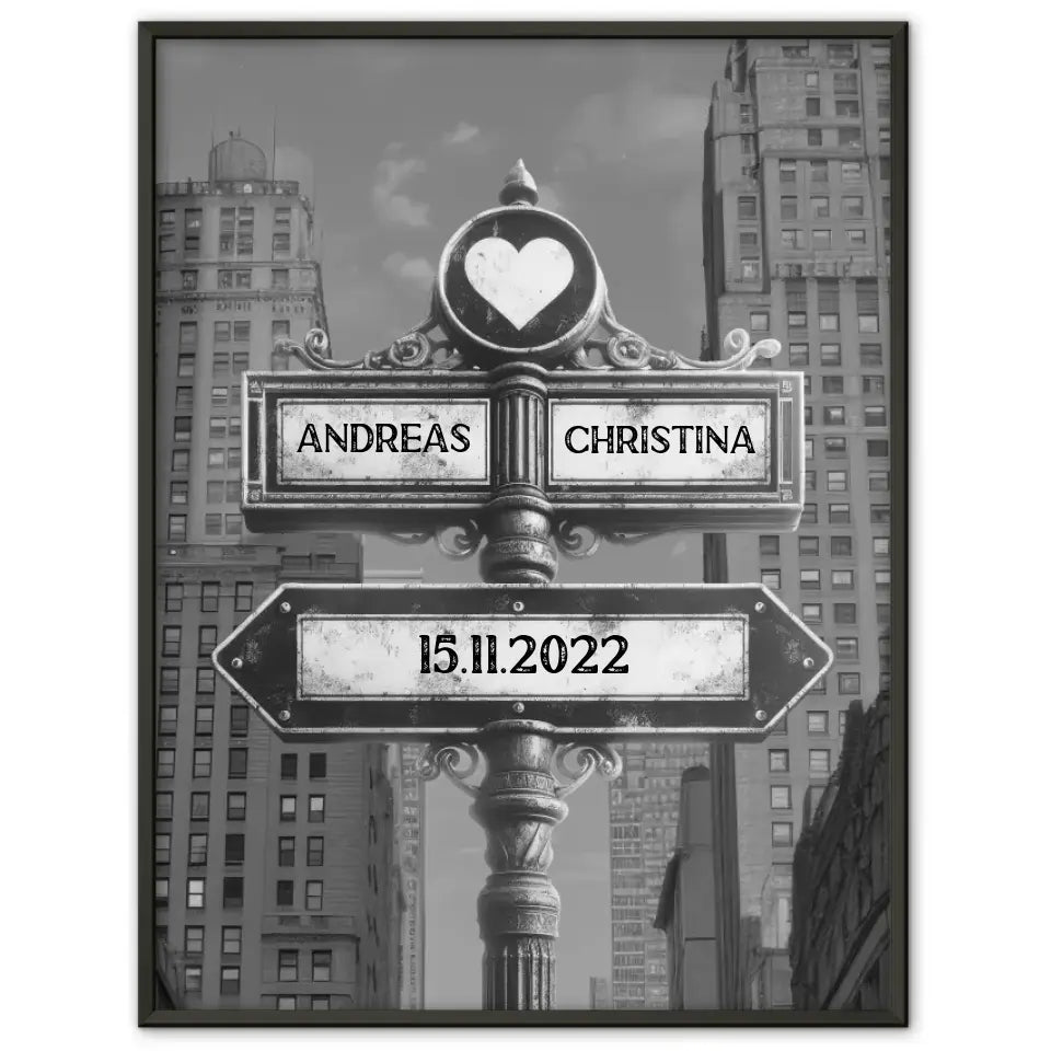 Personalisiertes Poster Paare Wegweiser New York Schwarz Weiß