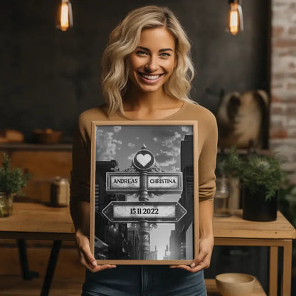 Poster personalisiert Wegweiser Wolkenkratzer Schwarz Weiß für Paare