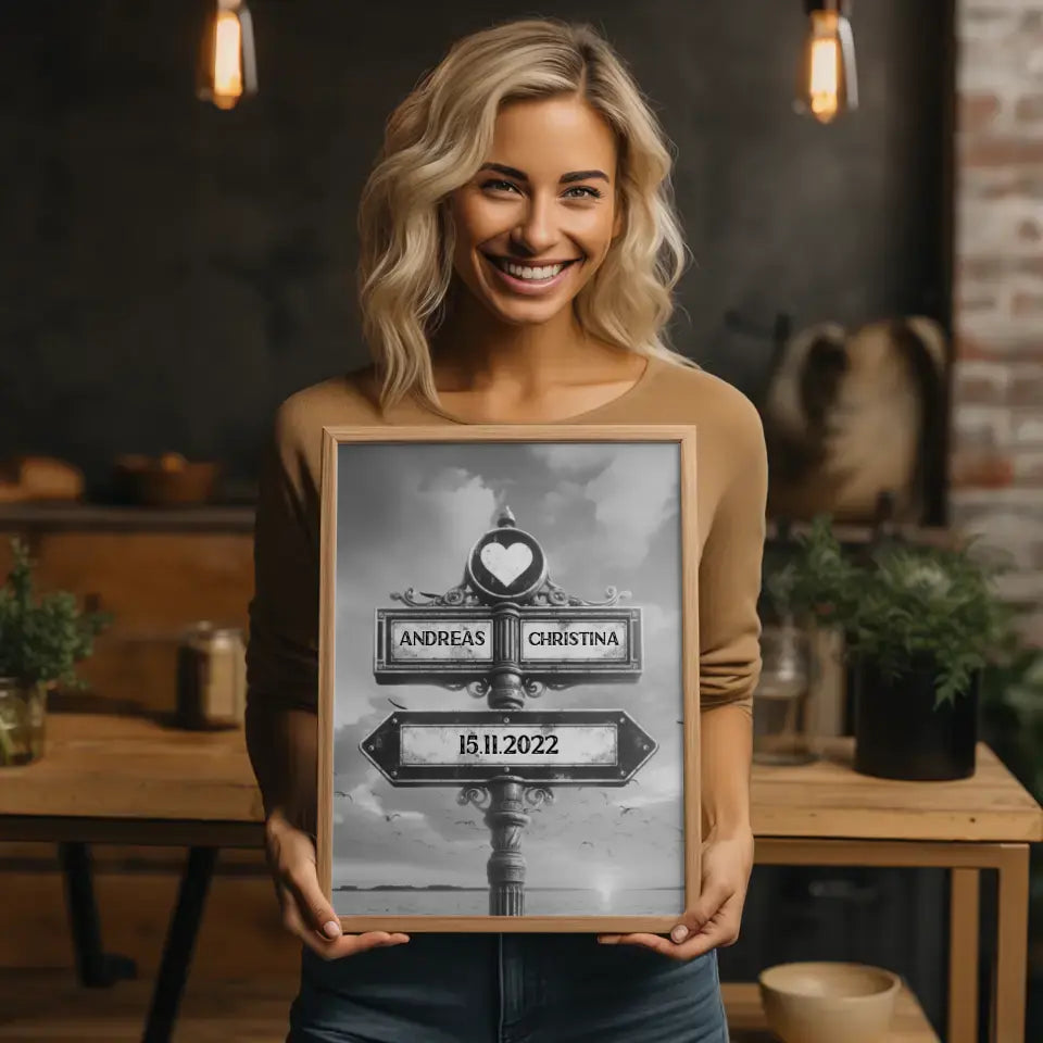 Poster personalisiert Wegweiser Meer Schwarz Weiß mit Namen & Datum