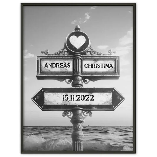 Liebes Poster Wegweiser Meer Schwarz Weiß mit Namen & Datum