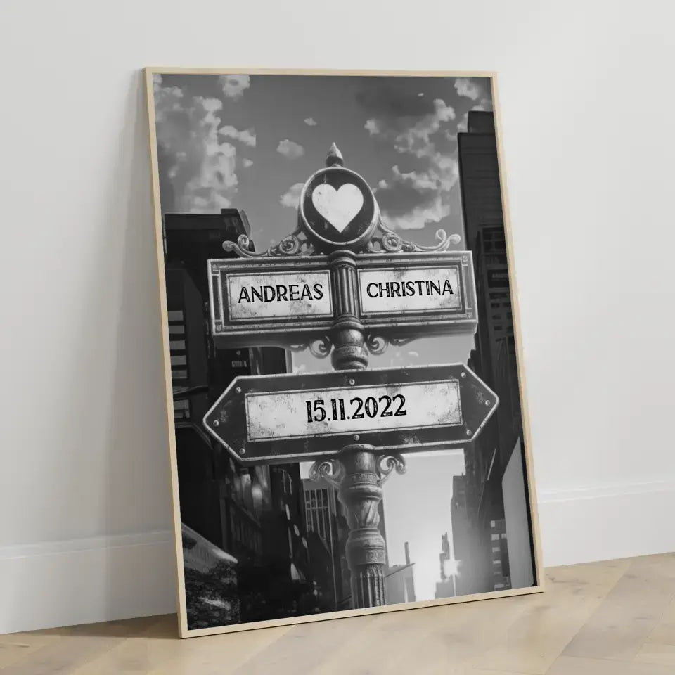 Poster personalisiert Wegweiser Wolkenkratzer Schwarz Weiß für Paare