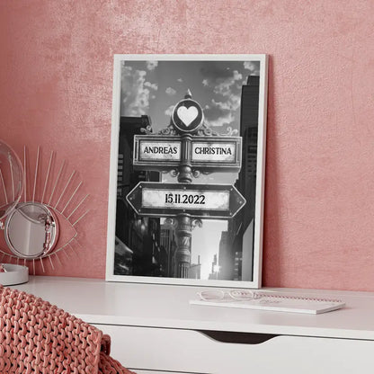 Poster personalisiert Wegweiser Wolkenkratzer Schwarz Weiß für Paare