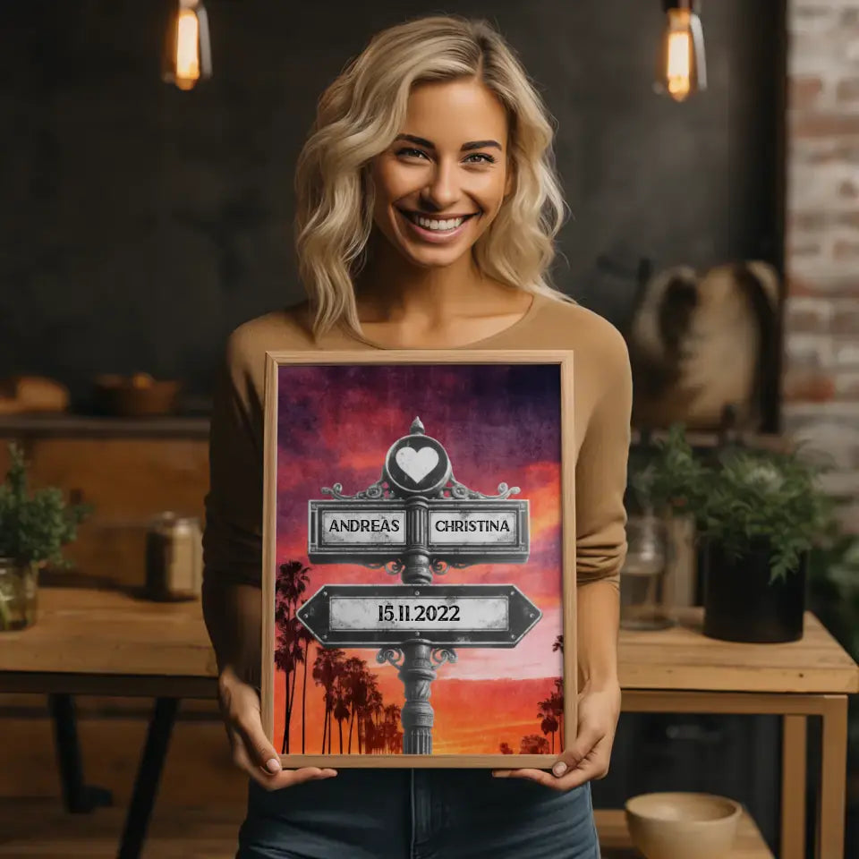 Poster personalisiert Herz Wegweiser Palm Beach Vintage mit Namen & Datum