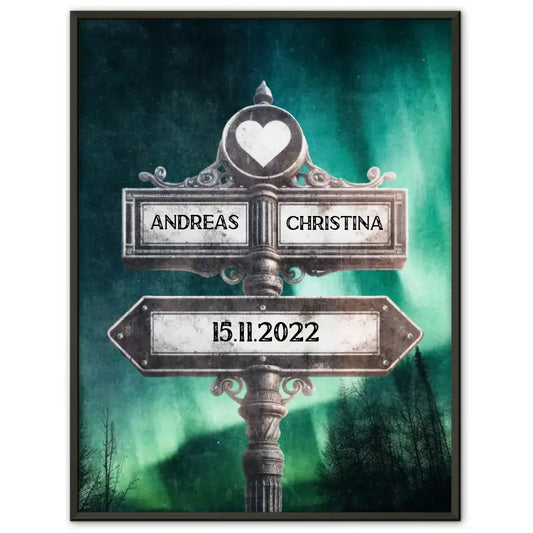 Personalisiertes Poster Paare Wegweiser Polarlichter Vintage für Paare