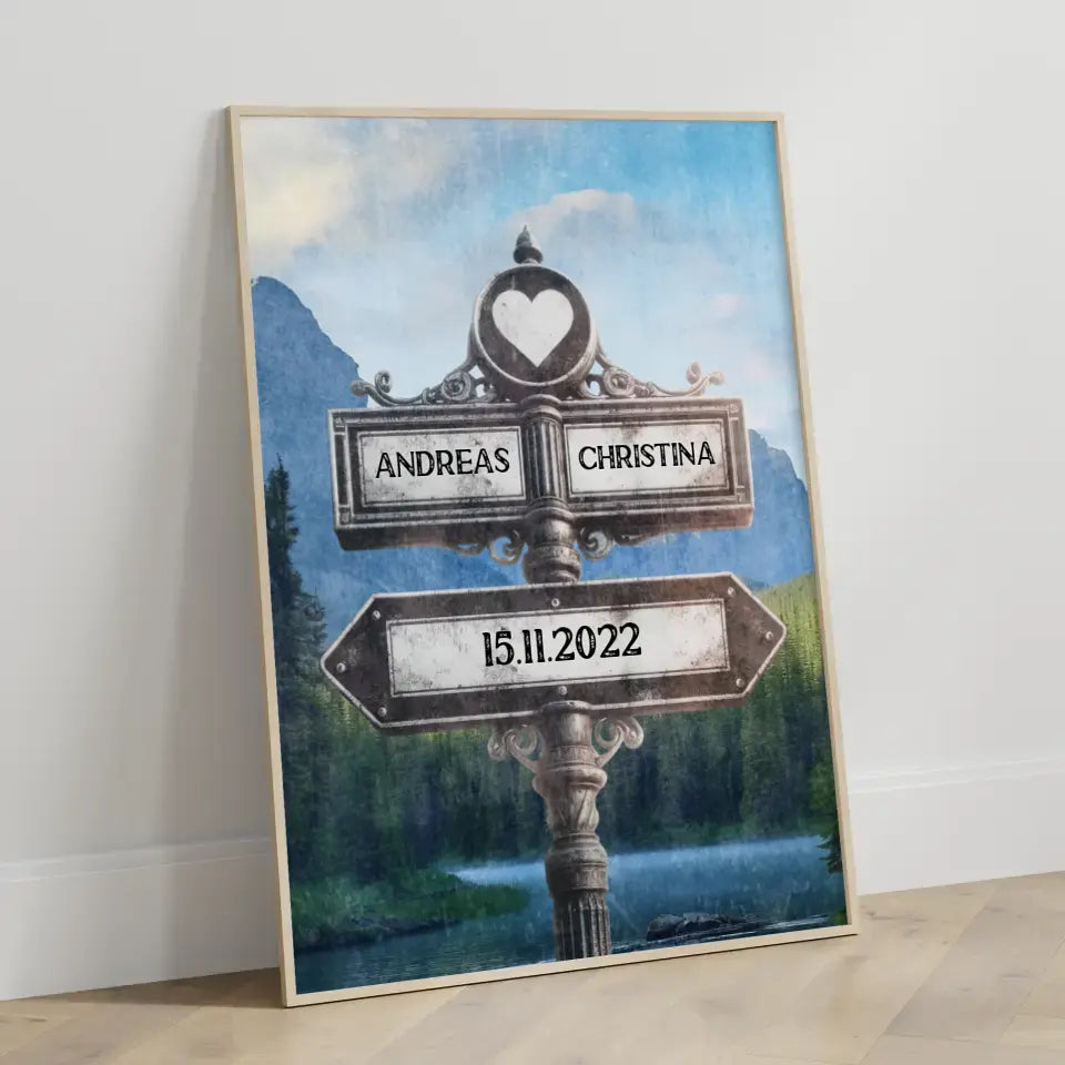 Poster personalisiert Wegweiser mit Herz Gebirge Vintage mit Namen & Datum