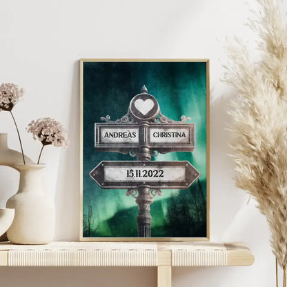 Personalisiertes Poster Paare Wegweiser Polarlichter Vintage für Paare