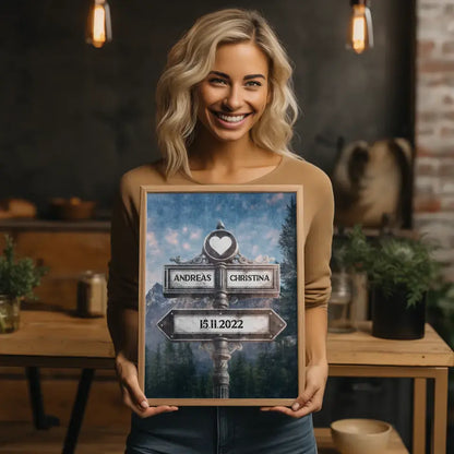 Personalisiertes Poster Wegweiser Wald am Morgen Vintage mit Namen