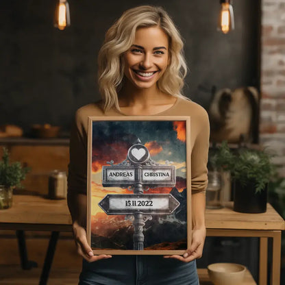 Liebes Poster Herz Wegweiser Berg Panorama Vintage für Paare